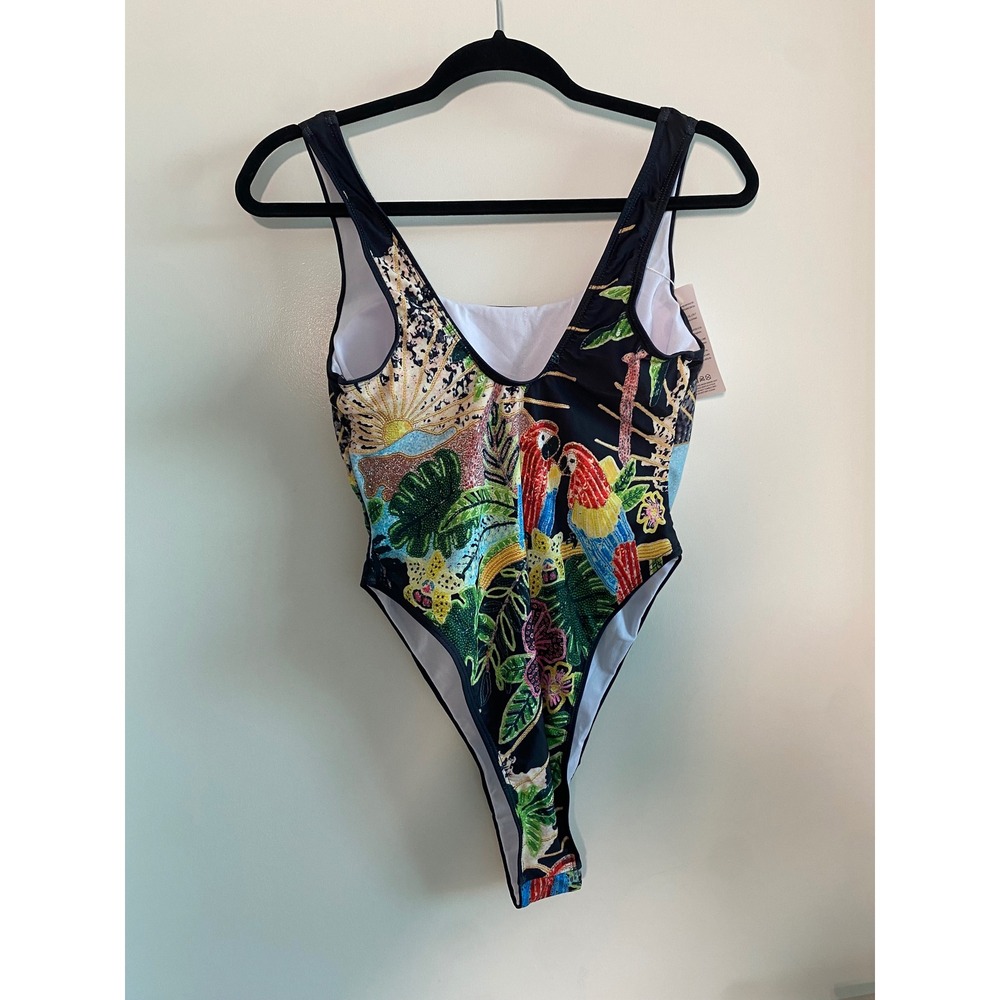 Women's One-Piece Swimsuit Small Black Tropical Parrot NWT High Cut Scoop Bold - Picture 4 of 11